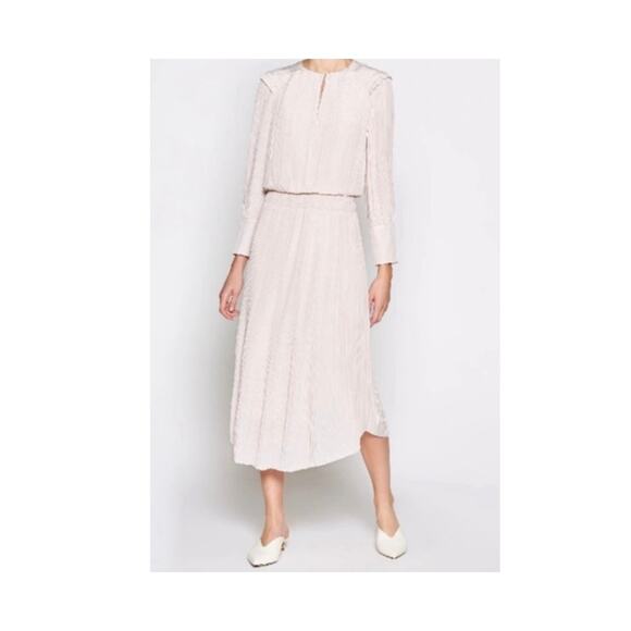 Joie Rheia Pleated Midi Dress Pale Pink Smocked Waist Long Sleeves Women's Small - Picture 1 of 16